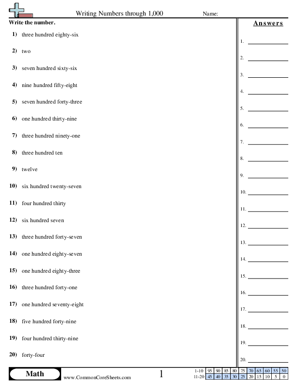 Word to Numeric (within 1,000) worksheet